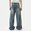 Men's loose fit wide leg jeans with washed blue finish and functional pockets