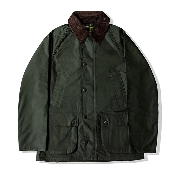 Model demonstrating the comfort of the Classic Wax Canvas Hunting Jacket.