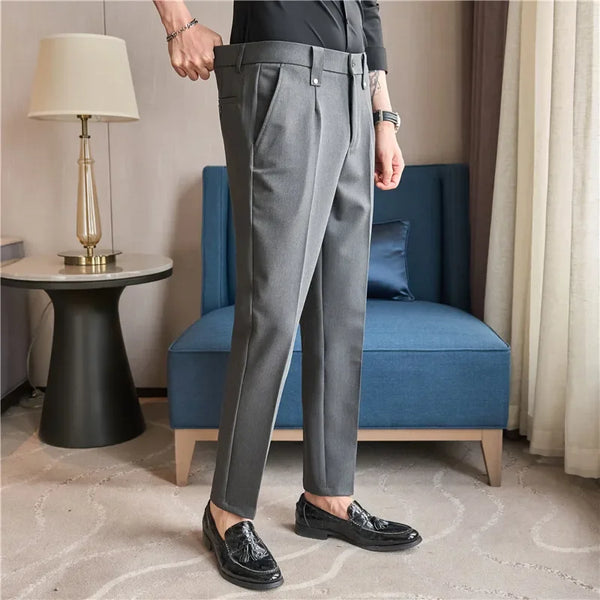 Men's slim fit dress pants in British style with elastic waist, perfect for casual or formal occasions, made from polyester b