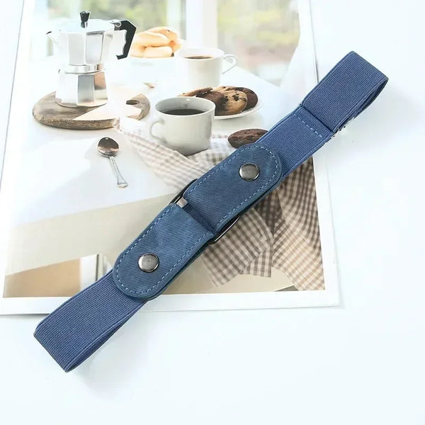 Buckle-free elastic belt in black and blue, adjustable from 85-115cm, perfect for comfort and style for men and women.
