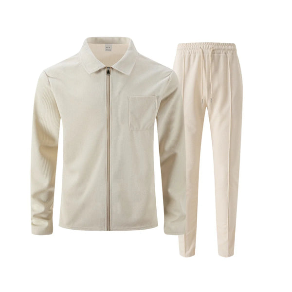 Textured waffle knit coordinated outfit with functional zip collar and relaxed fit trousers