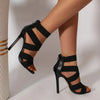 Stylish red stiletto heels featuring a secure zip-up back, perfect for parties.