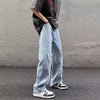 Fashionable blue wide-leg jeans, designed for comfort and street style.