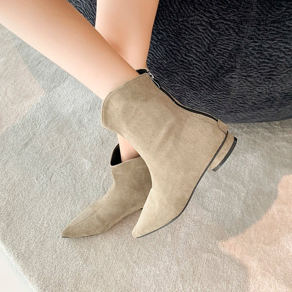 Chic women's ankle boots with low heel, flannel upper, zipper closure, perfect for spring and autumn fashion.