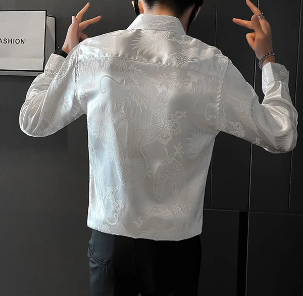 Men's luxury silk blend casual shirt in black with subtle graphic pattern, slim fit, perfect for spring and summer wear.