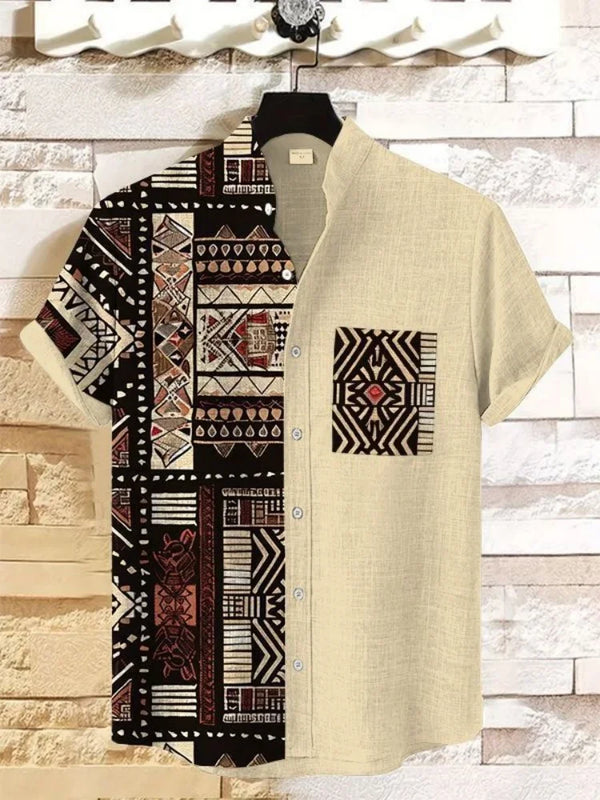 Colorful button-front beach shirt with bold 3D ethnic print design