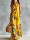 Sleeveless button-front dress showcasing lapel collar and flowing vintage-inspired design