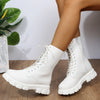 Chic white ankle boots with chunky heel, lace-up closure, and durable PU leather for stylish fall/winter wear.