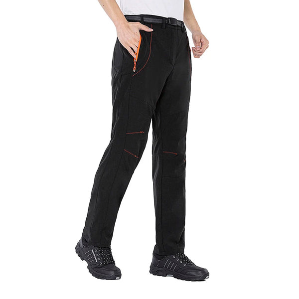 Flexible hiking pants with waterproof exterior and warm fleece insulation