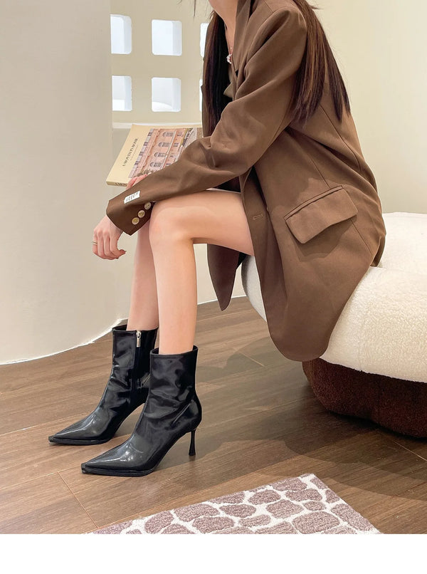 Chic women's ankle boots with zipper, high heel, pointed toe, PU leather, perfect for autumn and winter fashion.