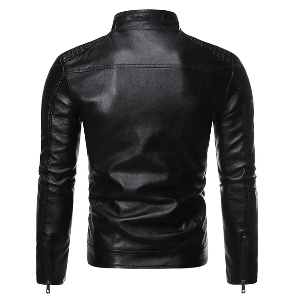 Sleek men's faux leather moto jacket with stand collar, perfect for casual and party wear in spring and autumn.