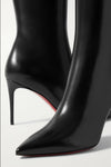Handmade black stiletto boots with a snug side zipper.