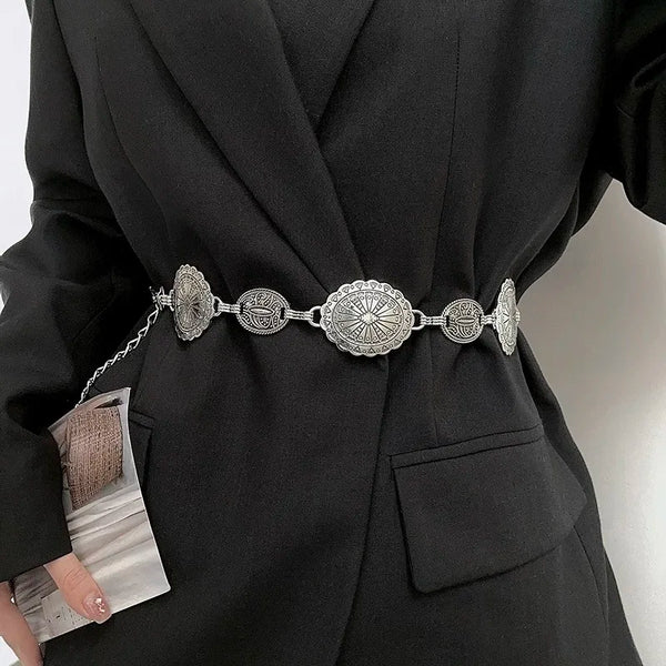 Chic women's decorative metal waist chain belt, stylish retro design, perfect for dresses and jeans, durable and adjustable.