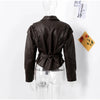 Chic belted leather bomber jacket for women, featuring a slim fit, lace-up detail, and hood, perfect for autumn and winter.