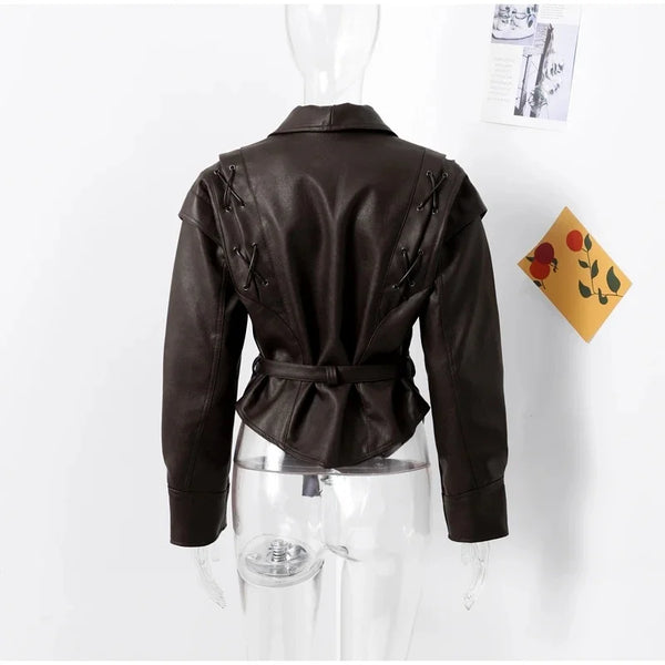 Chic belted leather bomber jacket for women, featuring a slim fit, lace-up detail, and hood, perfect for autumn and winter.