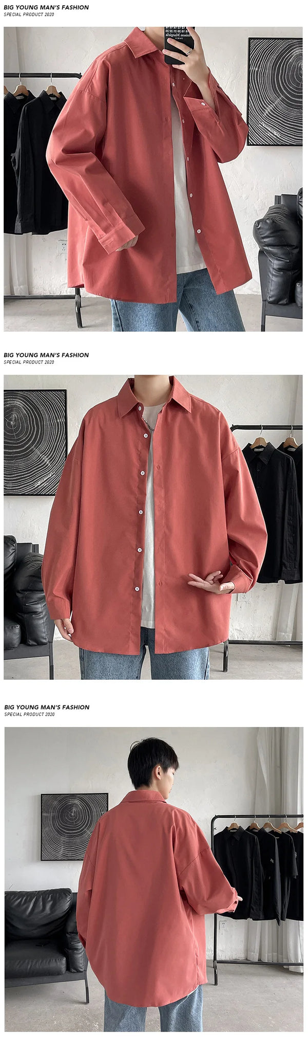 Oversized long sleeve casual shirt for men and women, featuring a Mandarin collar and single-breasted closure in high-quality