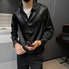 Men's luxury silk blend casual shirt in black with subtle graphic pattern, slim fit, perfect for spring and summer wear.