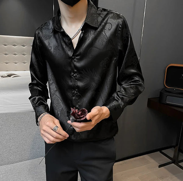 Men's luxury silk blend casual shirt in black with subtle graphic pattern, slim fit, perfect for spring and summer wear.