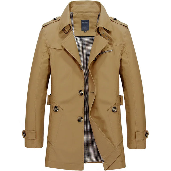 Sleek Men's Casual Business Trench Coat in polyester with turn-down collar, perfect for stylish business and casual wear.