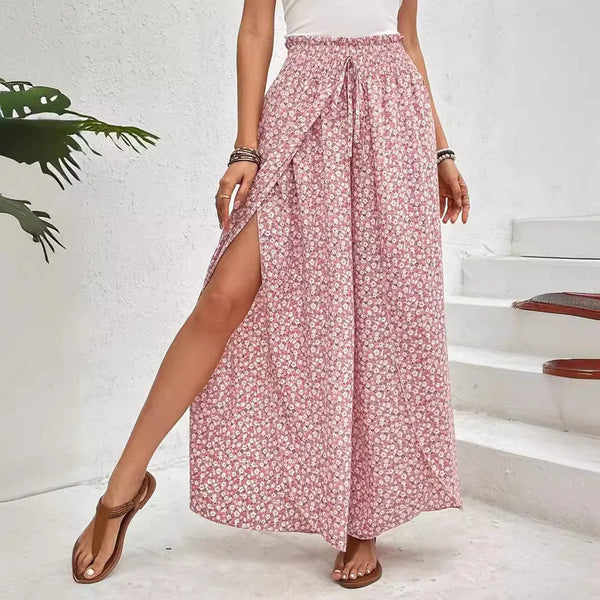 Floral wide-leg chiffon pants for women, ankle-length, elastic waist, perfect for summer fashion and casual chic outfits.
