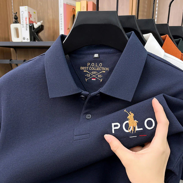 Business casual cotton polo shirt with embroidered pony logo on chest in classic styling