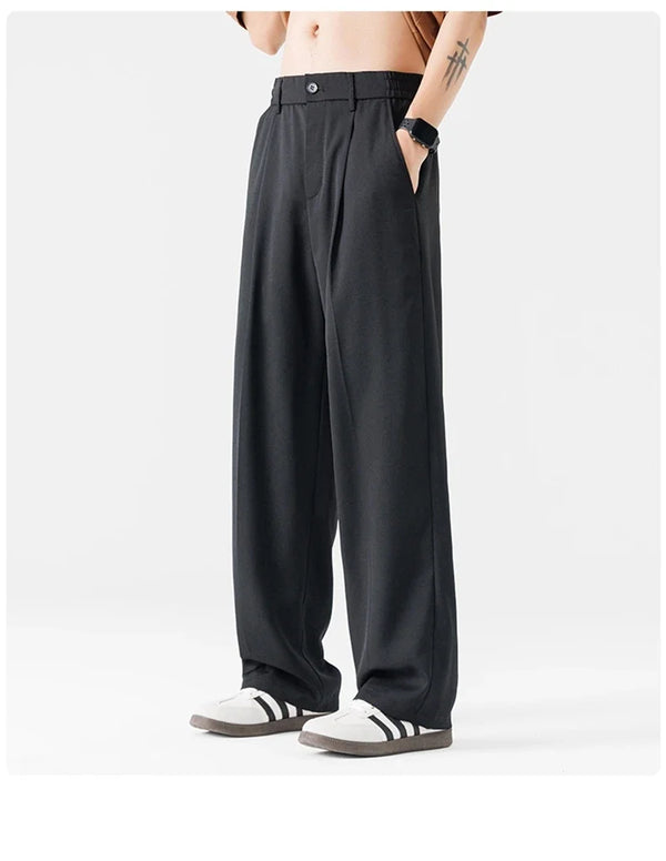 Casual wide leg business trousers for men in premium polyester, perfect for smart casual and office wear. Full-length, mid-ri