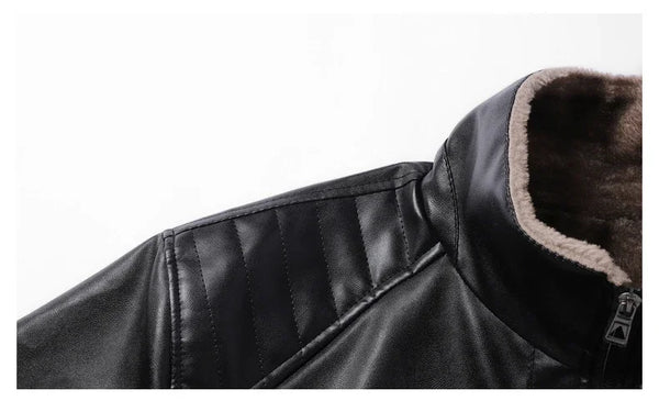 Detail shot of the men's biker jacket's premium faux leather texture.
