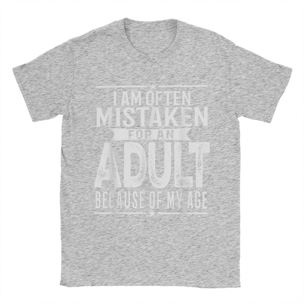 Men's "Mistaken For An Adult" humorous cotton tee with playful print, perfect for casual wear and everyday comfort.