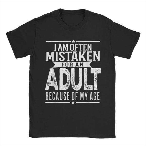 Men's "Mistaken For An Adult" humorous cotton tee with playful print, perfect for casual wear and everyday comfort.