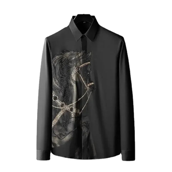 Elegant men's long sleeve printed shirt with vibrant print, turn-down collar, and covered button closure for stylish comfort.
