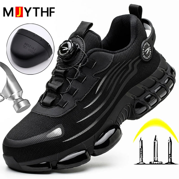 Industrial work boots featuring innovative rotating button fastening system and anti-smash steel toe cap