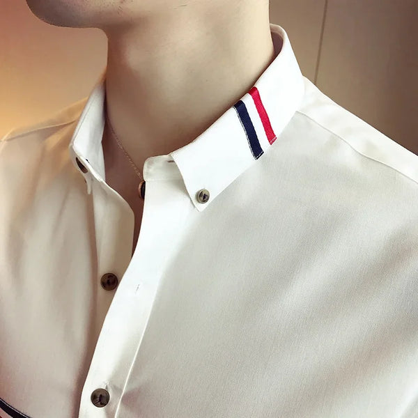 Elegant men's slim-fit dress shirt in solid color, perfect for spring, made from cotton, polyester, and spandex blend.