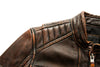 Premium men's leather biker jacket in rich brown with stand collar, crafted from durable first-layer calfskin leather.
