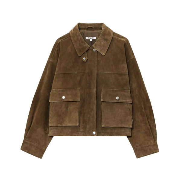 Chic women's leather jacket with button closure, lapel collar, and short length for stylish urban fashion and versatility.