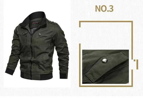 Men's Tactical Military Jacket in cotton windbreaker style, featuring multiple cargo pockets and a stand collar for outdoor a