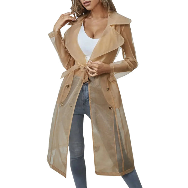 Sheer trench coat layered over casual ensemble for sun protection and style