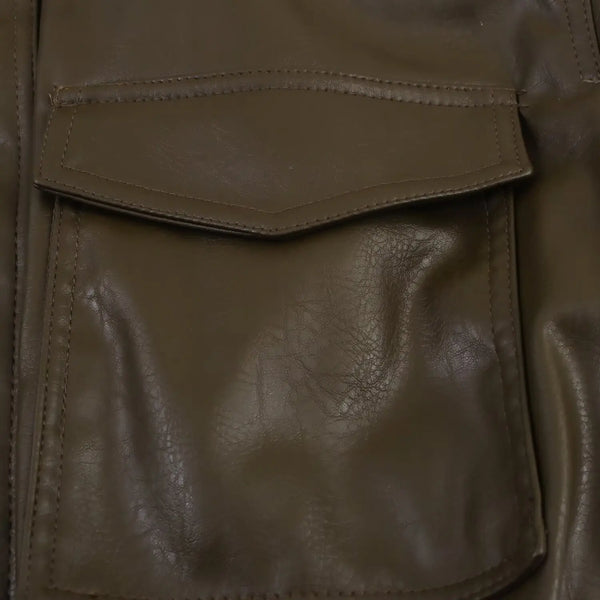 Chic army green faux leather jacket for women with stand collar, loose fit, and functional pockets for winter style.