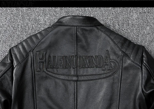 Men's slim fit leather motorcycle jacket in premium cow leather with stand collar and zip closure, perfect for spring and aut