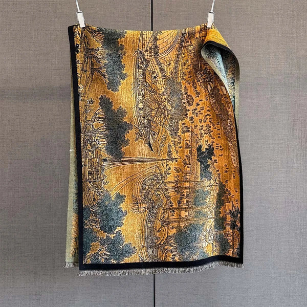 Fashionable winter accessory, highlighting the scarf's vibrant patterns.