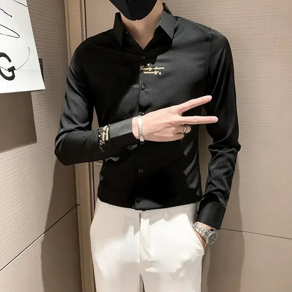Elegant men's embroidered white long sleeve shirt with turn-down collar, perfect for casual and social events.