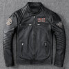 Men's slim fit leather motorcycle jacket in premium cow leather with stand collar and zip closure, perfect for spring and aut