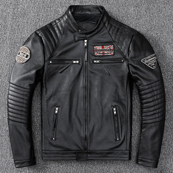 Men's slim fit leather motorcycle jacket in premium cow leather with stand collar and zip closure, perfect for spring and aut