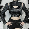 Chic cropped faux leather biker jacket for women with rivet detailing and slim fit, perfect for edgy streetwear style.