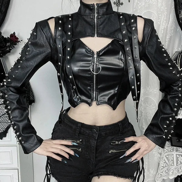 Chic cropped faux leather biker jacket for women with rivet detailing and slim fit, perfect for edgy streetwear style.