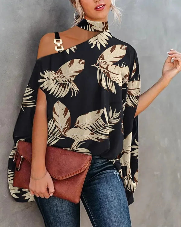 Elegant floral print blouse with batwing sleeves, halter collar, perfect for casual or office wear, made from soft cotton ble