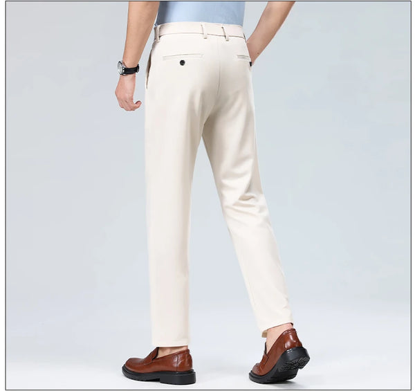 Stretch dress pants in motion showing flexibility and range of movement for active professionals