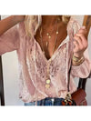 Elegant Boho Lace V-Neck Blouse for women, featuring delicate lace, relaxed fit, and lightweight fabric for spring and summer