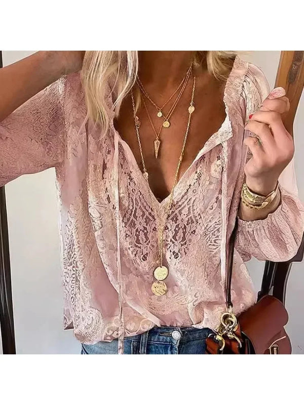 Elegant Boho Lace V-Neck Blouse for women, featuring delicate lace, relaxed fit, and lightweight fabric for spring and summer