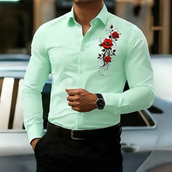 Classic casual shirt with eye-catching red botanical rose print