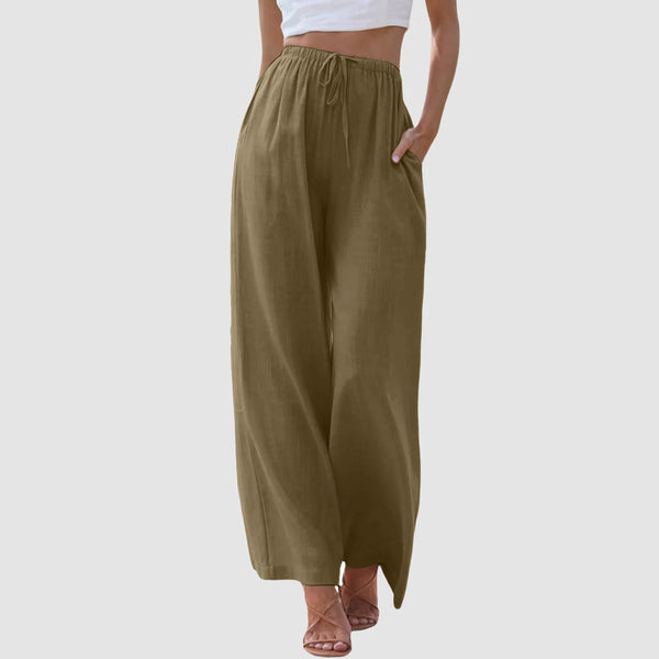 Cotton-linen wide-leg trousers with button fly closure and customizable strap details